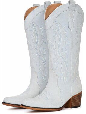 Women’s White Western Cowboy Boots Mid-Calf Chunky Heel Snip Toe Low Instep